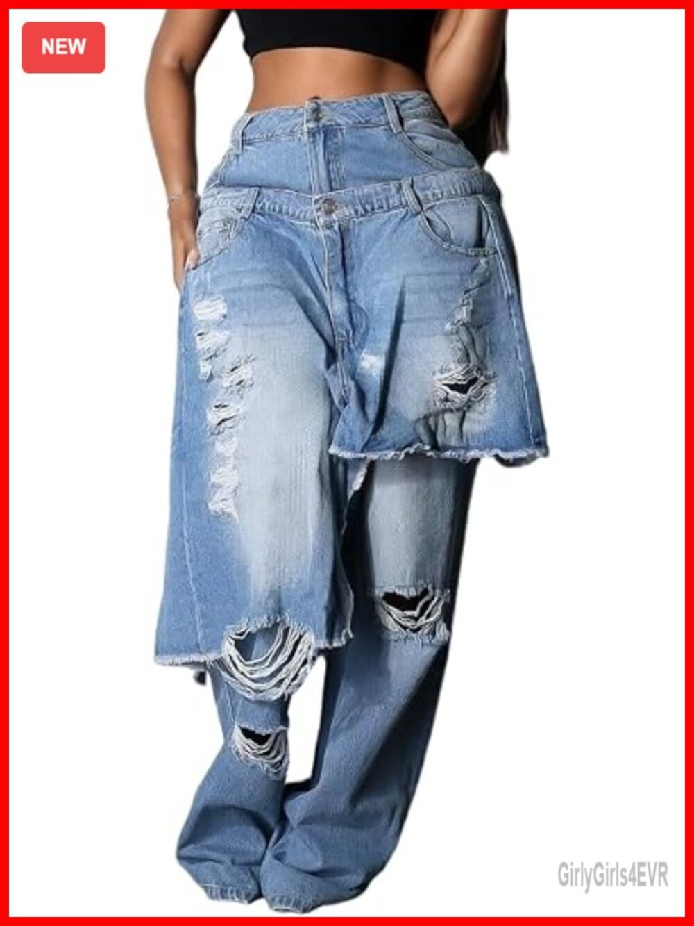 Wide Leg Distressed Ripped Jeans with Patchwork Raw Hem High Rise Baggy Denim